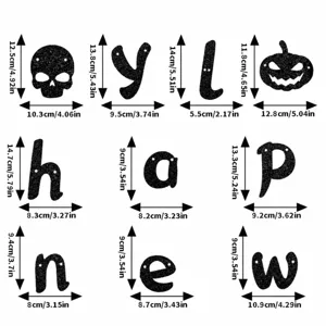 Detailed dimensions for each decorative piece of the black glitter Halloween banner