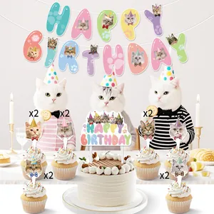 Cat birthday party decoration set featuring happy birthday banner and cute cupcake toppers