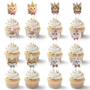 Set of cat cupcake toppers for pet birthday parties with cute cat face designs