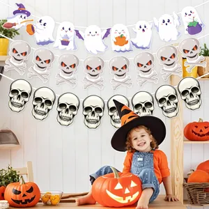 Halloween banner decoration with ghosts and skulls in a festive room scene