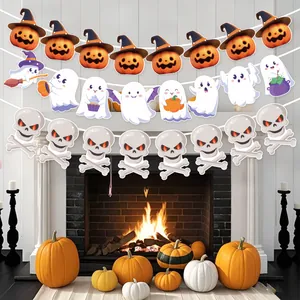 Festive Halloween banner set featuring ghost pumpkin and skull garlands for party home decor