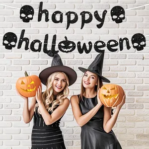 Μαύρη γκλίτερ γιρλάντα Happy Halloween με κρανία και κολοκύθες για τρομακτική διακόσμηση