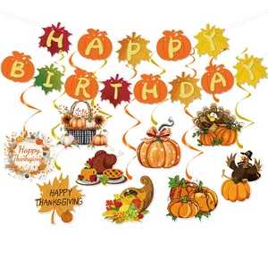 Thanksgiving birthday banner set with pumpkins, turkeys, and autumn leaf hanging swirls