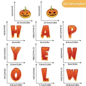 Detailed size chart for Halloween banner decorations including pumpkins and letters dimensions