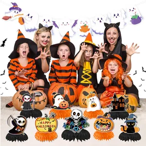 Komplettes Halloween-Party-Deko-Set mit Waben-Mittelstücken und weißem Geisterbanner