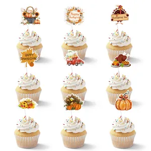 Detailed macro view of nine unique Thanksgiving cupcake toppers with pumpkins and turkeys