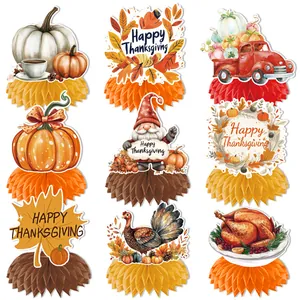 Set of 9 Thanksgiving honeycomb centerpiece party decorations with autumn motifs