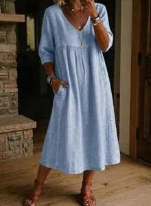 Casual loose V-neck cotton linen dress with delicate lace trim and pockets