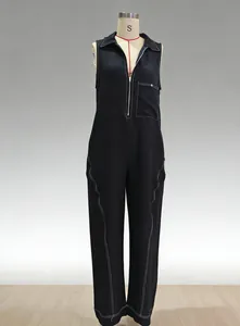 Sleeveless black wide-leg jumpsuit with contrast stitching and zipper detail on a mannequin