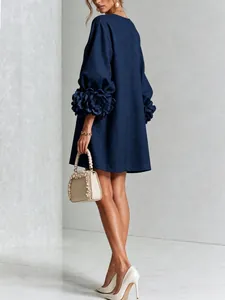 Elegant navy blue cotton linen dress with intricate 3D floral lantern sleeve details