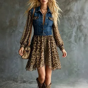 Fashionable women's denim top dress featuring leopard print skirt and long sleeves