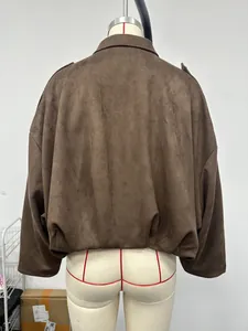 Back view of a stylish brown faux suede bomber jacket with batwing sleeves on a mannequin