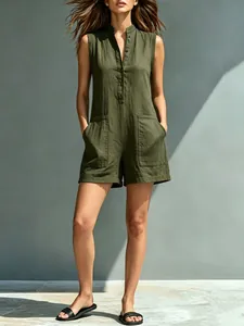 Full view of women's olive green sleeveless cotton linen romper with stand collar