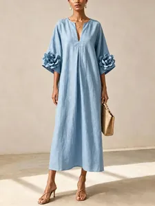 French style light blue cotton linen maxi dress with V-neck and 3D flower sleeve