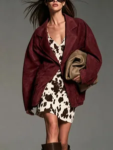 Fashionable burgundy suede long-sleeve blazer jacket for autumn and winter outfits