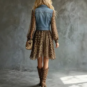 Stylish women's denim patchwork long sleeve midi dress with leopard print skirt