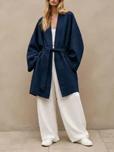 Women's loose navy blue belted wrap cardigan windbreaker jacket lifestyle detail view