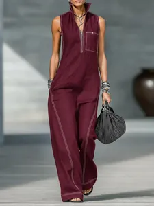 Elegant women's sleeveless burgundy cotton linen jumpsuit featuring high neck and wide legs