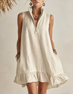Chic sleeveless linen summer dress with zipper V-neck and ruffle hem for vacation