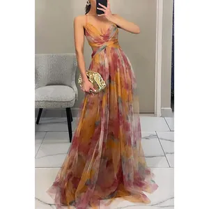 Elegant printed mesh camisole maxi dress for summer vacations and parties