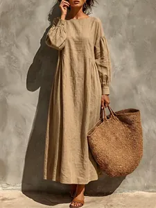 Women's Casual Cotton Linen Maxi Dress Solid Color Long Sleeve Loose Fit Bohemian Vacation Style Round Neck Long Skirt