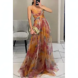 Elegant abstract print mesh maxi dress with spaghetti straps for vacation parties