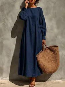 Elegant navy blue long sleeve loose maxi dress for autumn vacation style leisure wear