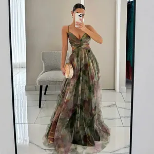 Elegant bohemian floral mesh maxi dress with waist cut-outs for summer resort parties
