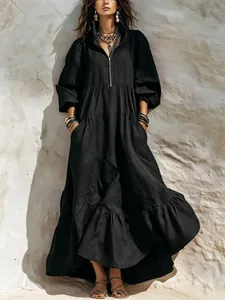 Boho μαύρο βαμβακερό λινό μάξι φόρεμα με βολάν και λαιμόκοψη με φερμουάρ