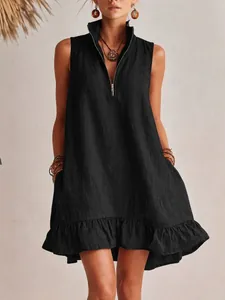 Chic solid black sleeveless cotton linen summer dress with V-neck and zipper detail