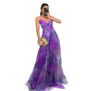 Elegant purple floral mesh camisole maxi dress for summer holiday and evening party