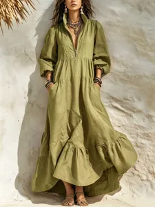 Boho λαδί λινό μάξι φόρεμα με βολάν και φερμουάρ στο λαιμό για διακοπές