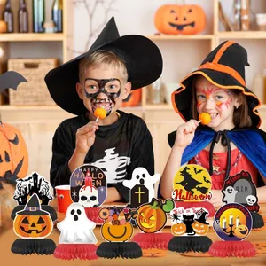 Set of 9 colorful Halloween honeycomb centerpieces for festive party table decor