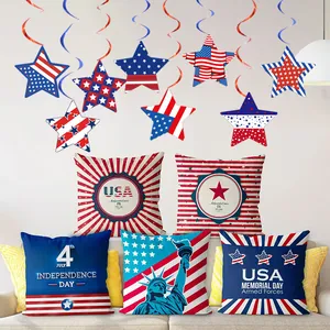 Décorations de fête USA avec étoiles en spirale et housses de coussin patriotiques