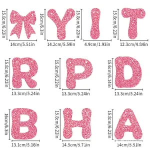 Detailed dimensions for pink glitter Happy Birthday banner letters in centimeters and inches