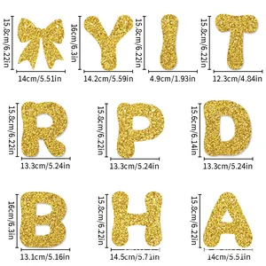 Gedetailleerde afmetingen van de gouden glitterletters voor verjaardagsbanner