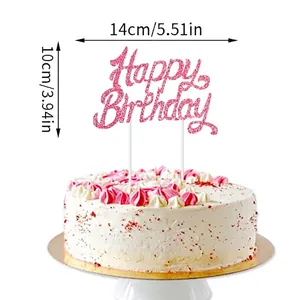 Glittery pink Happy Birthday cake topper sign shown with precise 14cm x 10cm dimensions