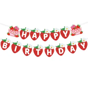 Levendige zomerse aardbei thema Happy Birthday feest banner voor een kinderviering