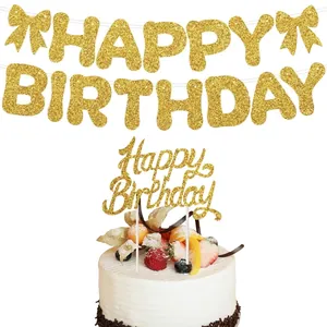Gouden glitter Happy Birthday banner set inclusief bijpassende decoratieve taarttopper