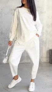 Elegant white casual long sleeve sweatshirt set with asymmetrical hem design for women