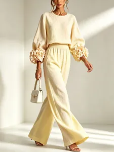Ensemble élégant en lin style français avec manches lanterne à fleurs 3D et pantalon