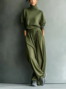 Chic olive green turtleneck sweatshirt and drawstring wide-leg lounge pants set for women