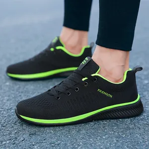 Breathable black and neon green flying woven mesh men's athletic outdoor running sneakers