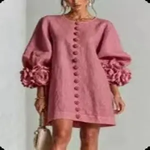 French style pink cotton-linen mini dress featuring 3D floral puff sleeves and buttons
