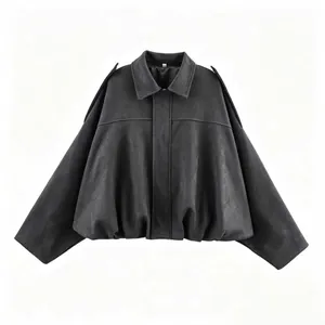 Detailed front view of a stylish black faux suede batwing sleeve jacket with epaulets