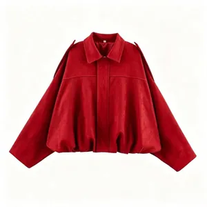 Stylish red faux suede batwing sleeve bomber jacket for women, casual autumn winter outerwear.