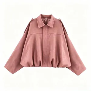 High-quality detail of the pink faux suede batwing sleeve pilot jacket texture