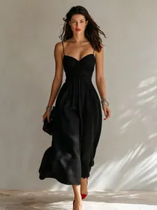 Elegant black ruched camisole midi dress for sophisticated spring and summer parties