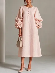 Französischer Stil 3D Blumen Laternenärmel Baumwollleinen Kleid Damen Rundhals Locker Urlaub Midikleid A-Linie Elegantes Kleid