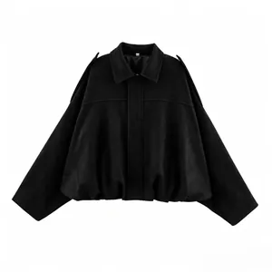 Detailed close-up of a black faux suede batwing sleeve bomber jacket for women's autumn style